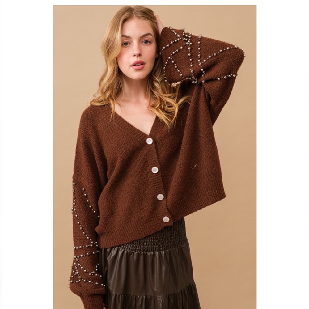 NWT🆕#7-BLUE B Amber beaded cardigan Gunmetal Pearl Puff Dolmen sweater Top M/L